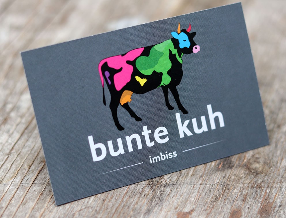 Print Grafik-Design Referenz Visitenkarten Bunte Kuh Edelimbiss Bonn