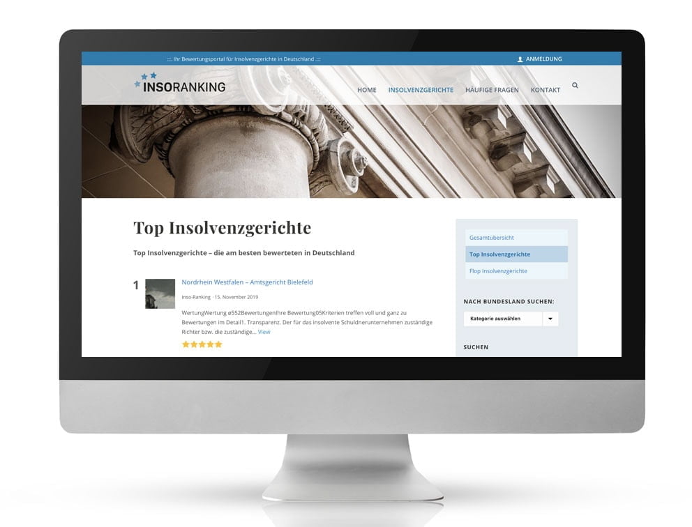 Bewertungsportal Insolvenzgerichte 2 Webdesign Referenzprojekt designplus, Köln für das Bewertungsportal von Insolvenz Gerichte in Deutschland