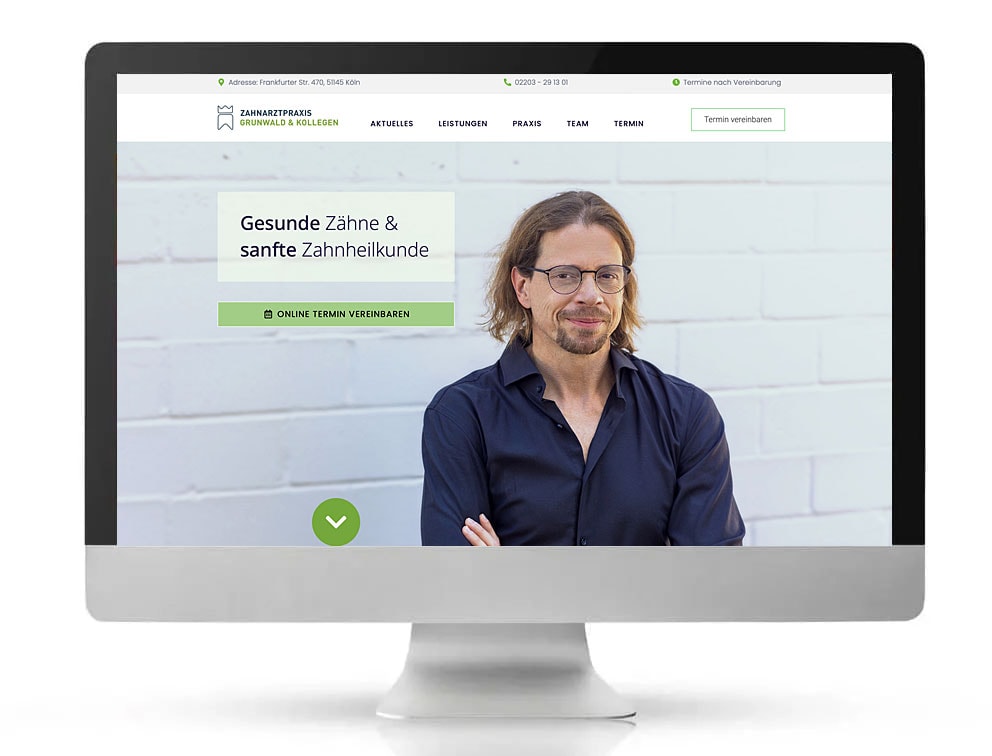 Webdesign Referenzprojekt designplus, Köln für die Zahnarztpraxis Grunwald und Kollegen