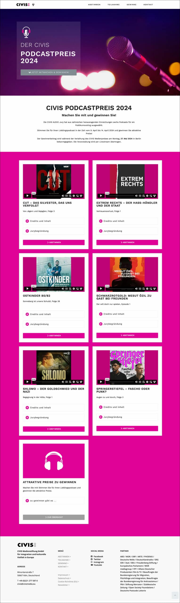 Webdesign Referenzprojekt designplus, Köln für den Podcastpreis der CIVIS MEDIENSTIFTUNG in Köln