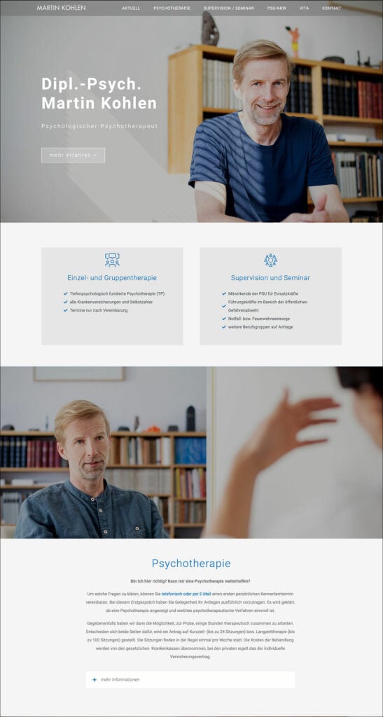 Webdesign Referenzprojekt designplus, Köln für den Psychologischer Psychotherapeut Martin Kohlen